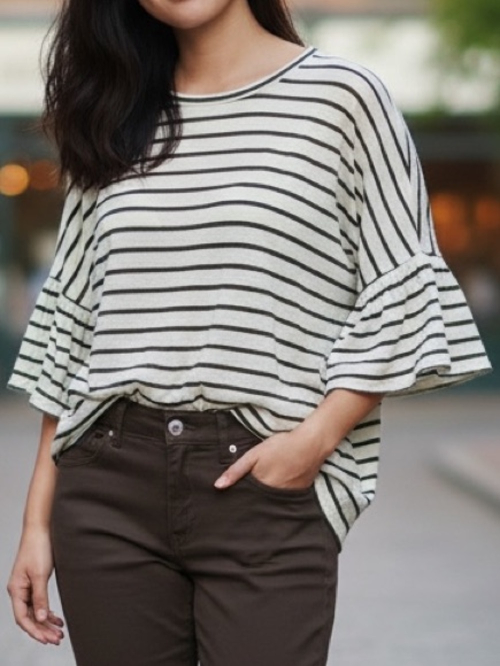 Madewell Thin Slouch Cream & Olive Striped Bell-Sleeve Tee